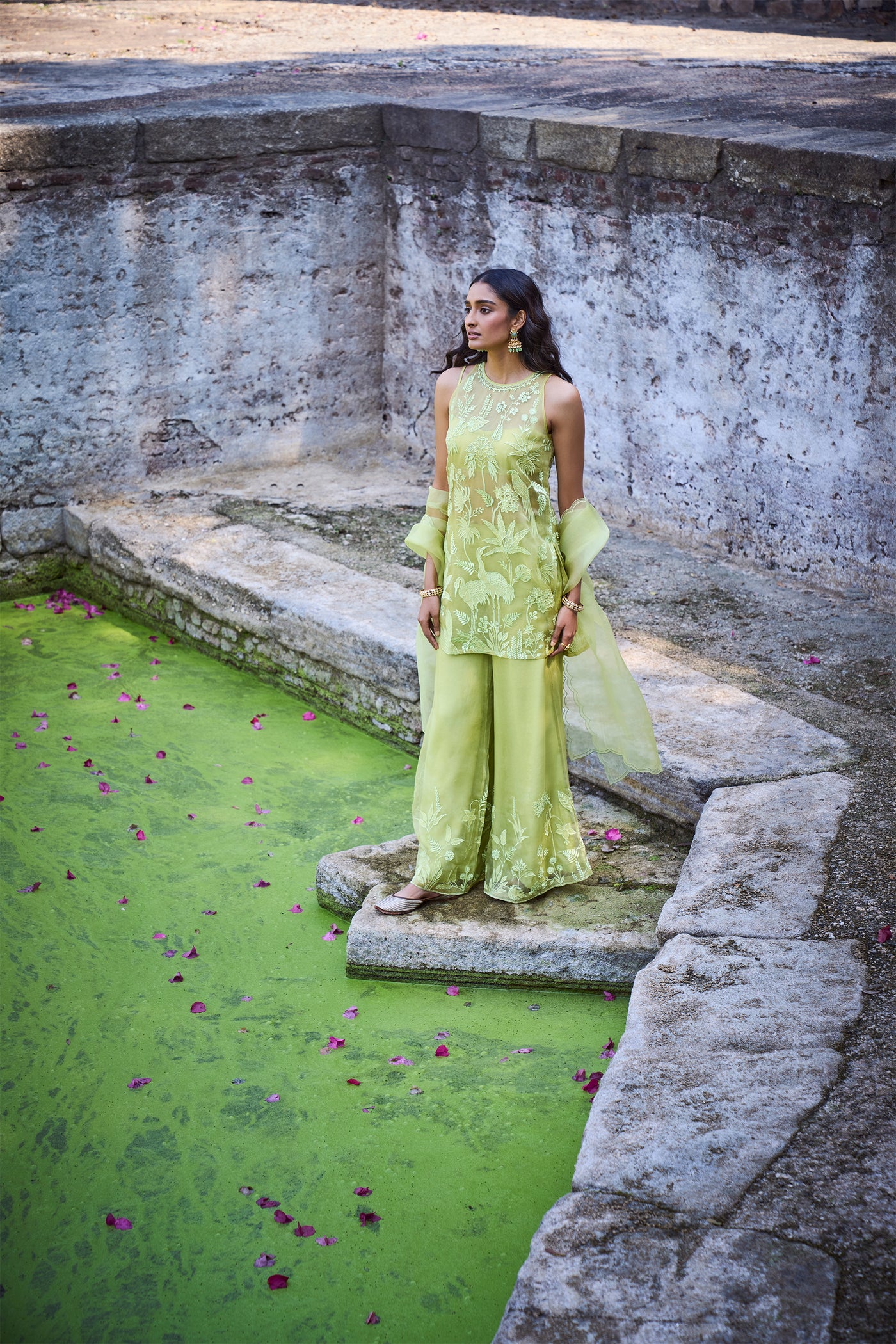 Anita Dongre Tropical Flamingos Kurta Set Lime green festive indian designer wear online shopping melange singapore