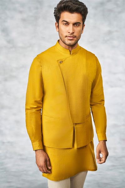 Anita Dongre menswear Rakhbir Bandi Mustard yellow indian designer wear wedding online shopping melange singapore festive jacket bundi