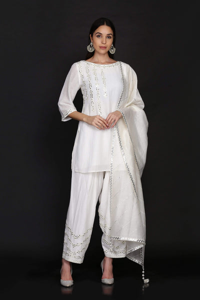Short Tunic With Salwar And Dupatta Ivory