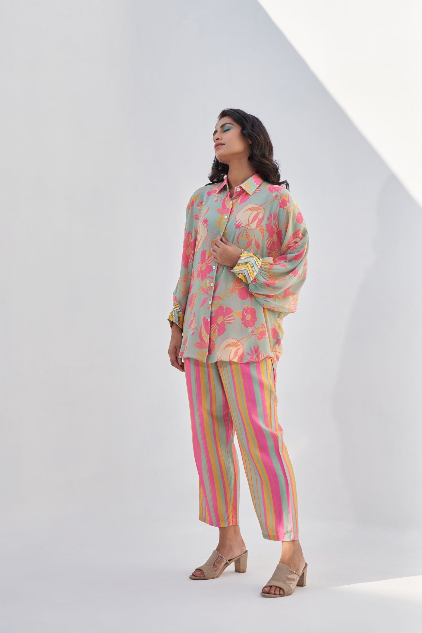 Archana Shah Green Pomo Cuff Emb Shirt Set indian designer wear online shopping melange singapore