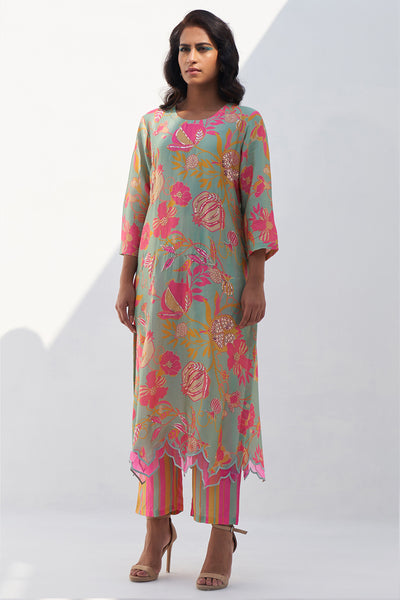 Archana Shah Green Pomo Oraganza Hemline Kurta Set indian designer wear online shopping melange singapore