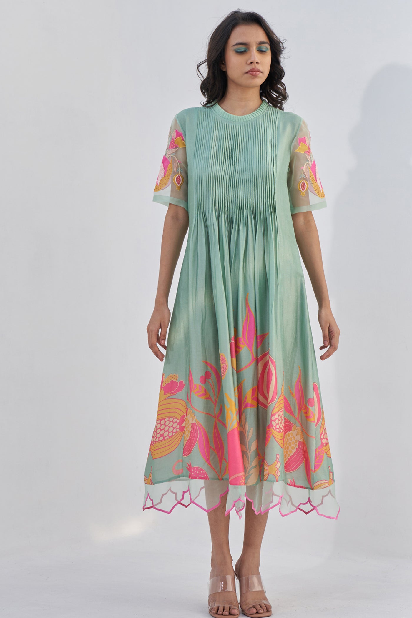 Archana Shah Green Pomo Pleated Tunic indian designer wear online shopping melange singapore