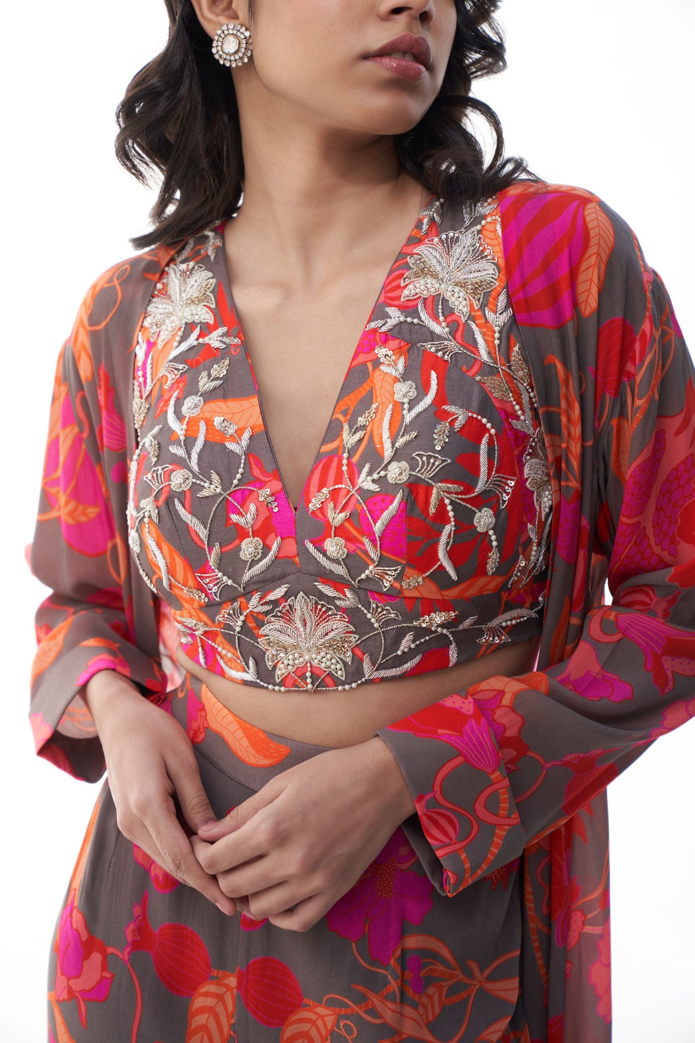 Archana Shah Grey Pomo Jacket Set With Zari Blouse indian designer wear online shopping melange singapore