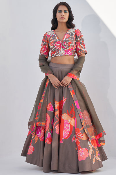 Archana Shah Grey Pomo Lehnga With Zari Work Blouse indian designer wear online shopping melange singapore