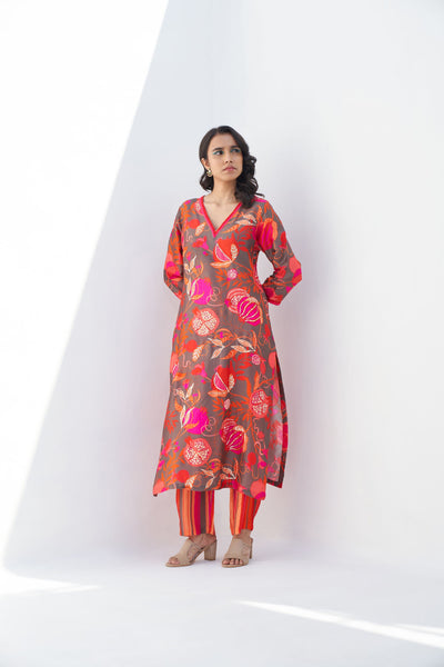 Archana Shah Grey Pomo Neck Emb Kurta Set indian designer wear online shopping melange singapore