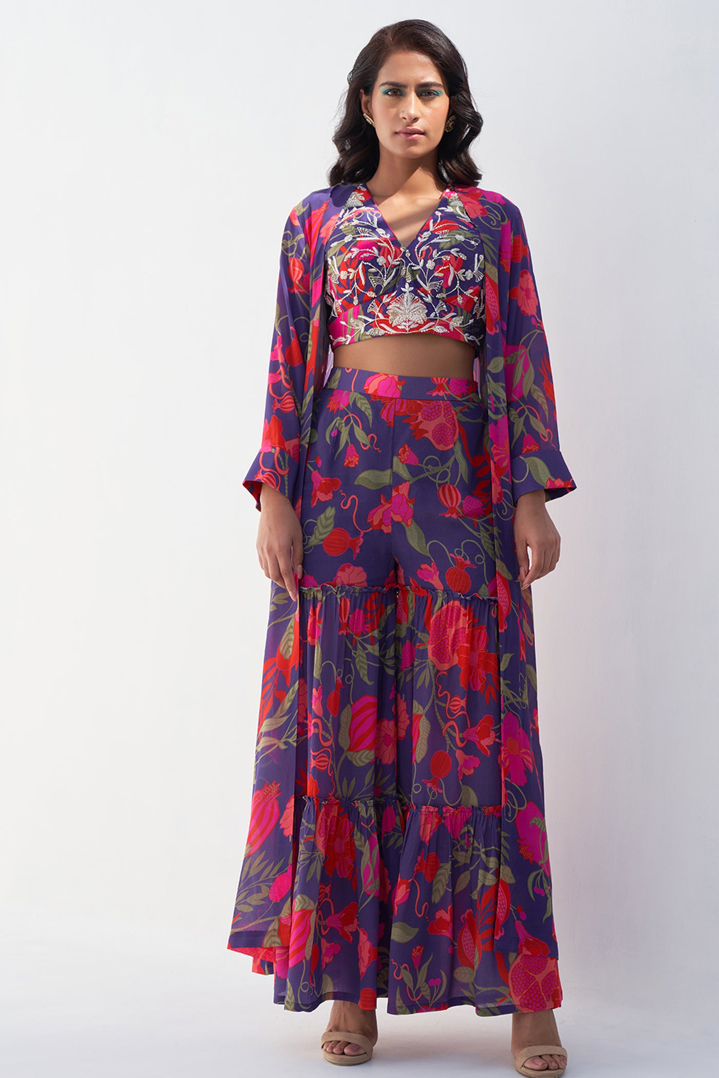 Archana Shah Purple Pomo Jacket Set With Zari Blouse indian designer wear online shopping melange singapore