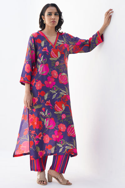 Archana Shah Purple Pomo Neck Emb Kurta Set indian designer wear online shopping melange singapore