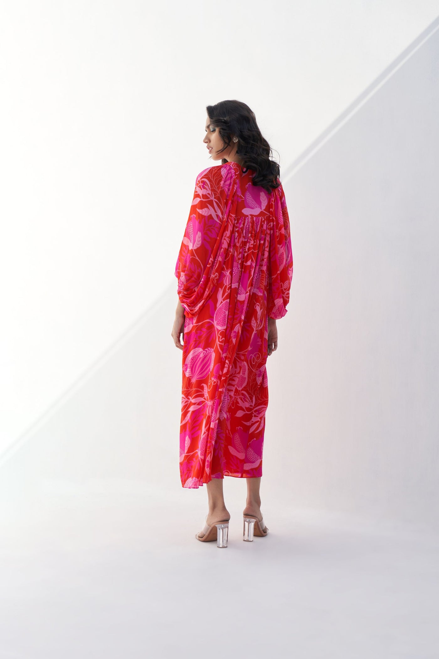 Archana Shah Red Pomo Ballon Sleeve small Yoke Maxi indian designer wear online shopping melange singapore