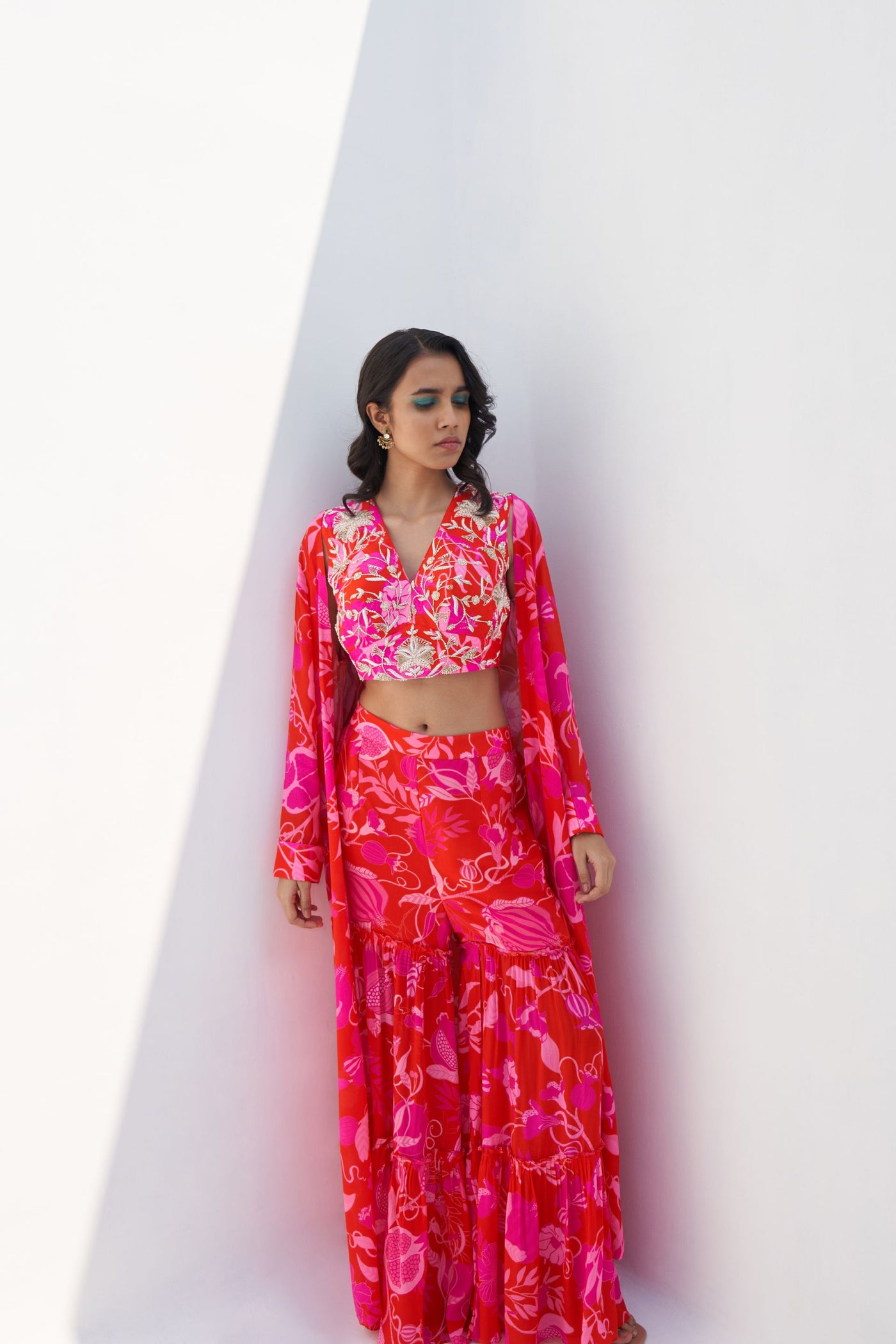 Archana Shah Red Pomo Jacket Set With Zari Blouse indian designer wear online shopping melange singapore
