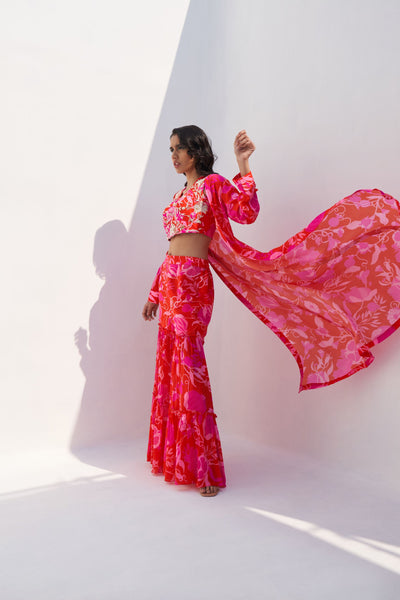 Archana Shah Red Pomo Jacket Set With Zari Blouse indian designer wear online shopping melange singapore