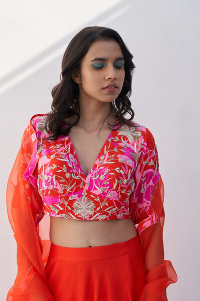 Archana Shah Red Pomo Lehnga With Zari Work Blouse indian designer wear online shopping melange singapore
