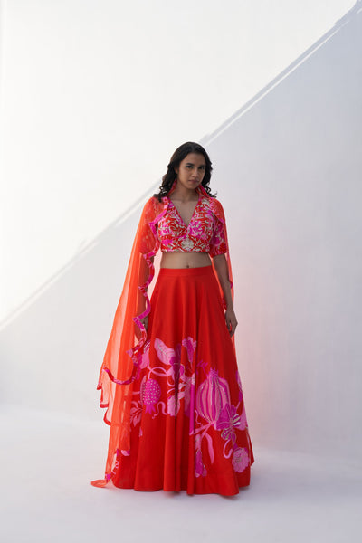 Archana Shah Red Pomo Lehnga With Zari Work Blouse indian designer wear online shopping melange singapore