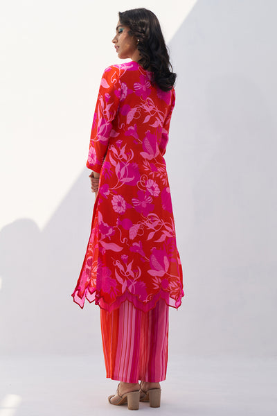 Archana Shah Red Pomo Oraganza Hemline Kurta Set indian designer wear online shopping melange singapore