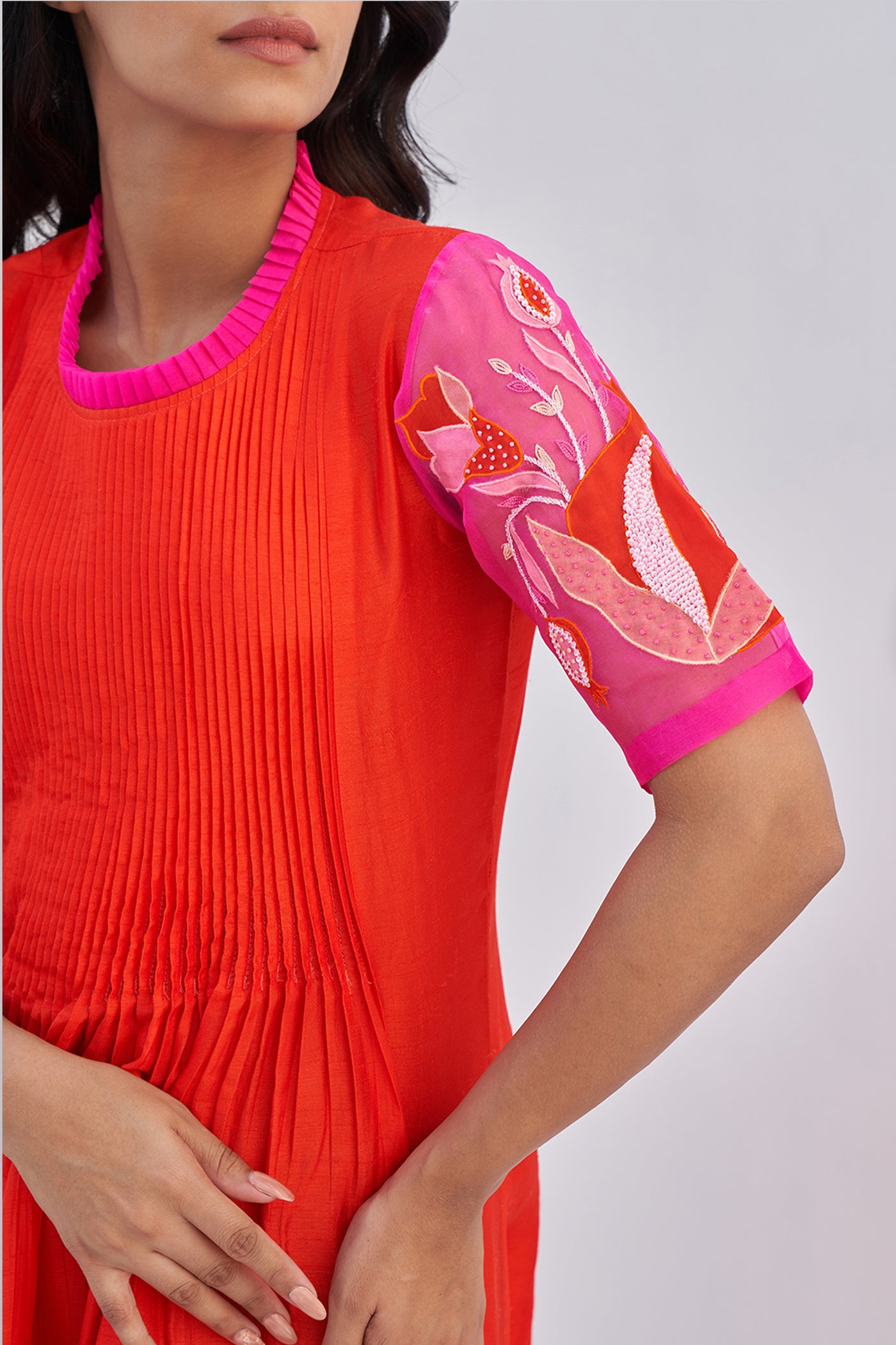 Archana Shah Red Pomo Pleated Tunic indian designer wear online shopping melange singapore