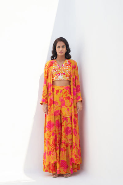 Archana Shah Yellow Pomo Jacket Set With Zari Blouse indian designer wear online shopping melange singapore