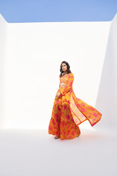 Archana Shah Yellow Pomo Jacket Set With Zari Blouse indian designer wear online shopping melange singapore