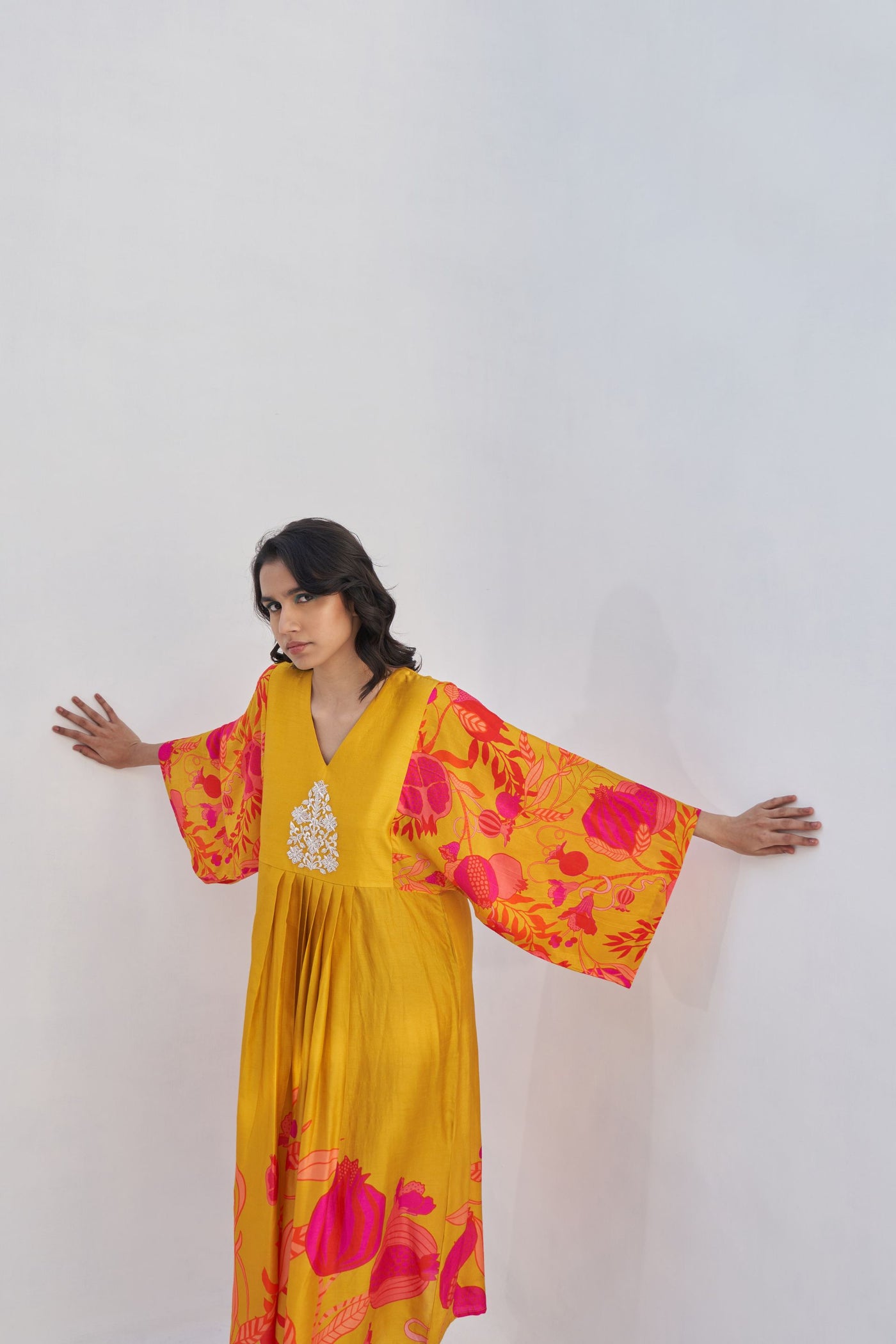 Archana Shah Yellow Pomo Kimono Maxi With BIg Buta indian designer wear online shopping melange singapore