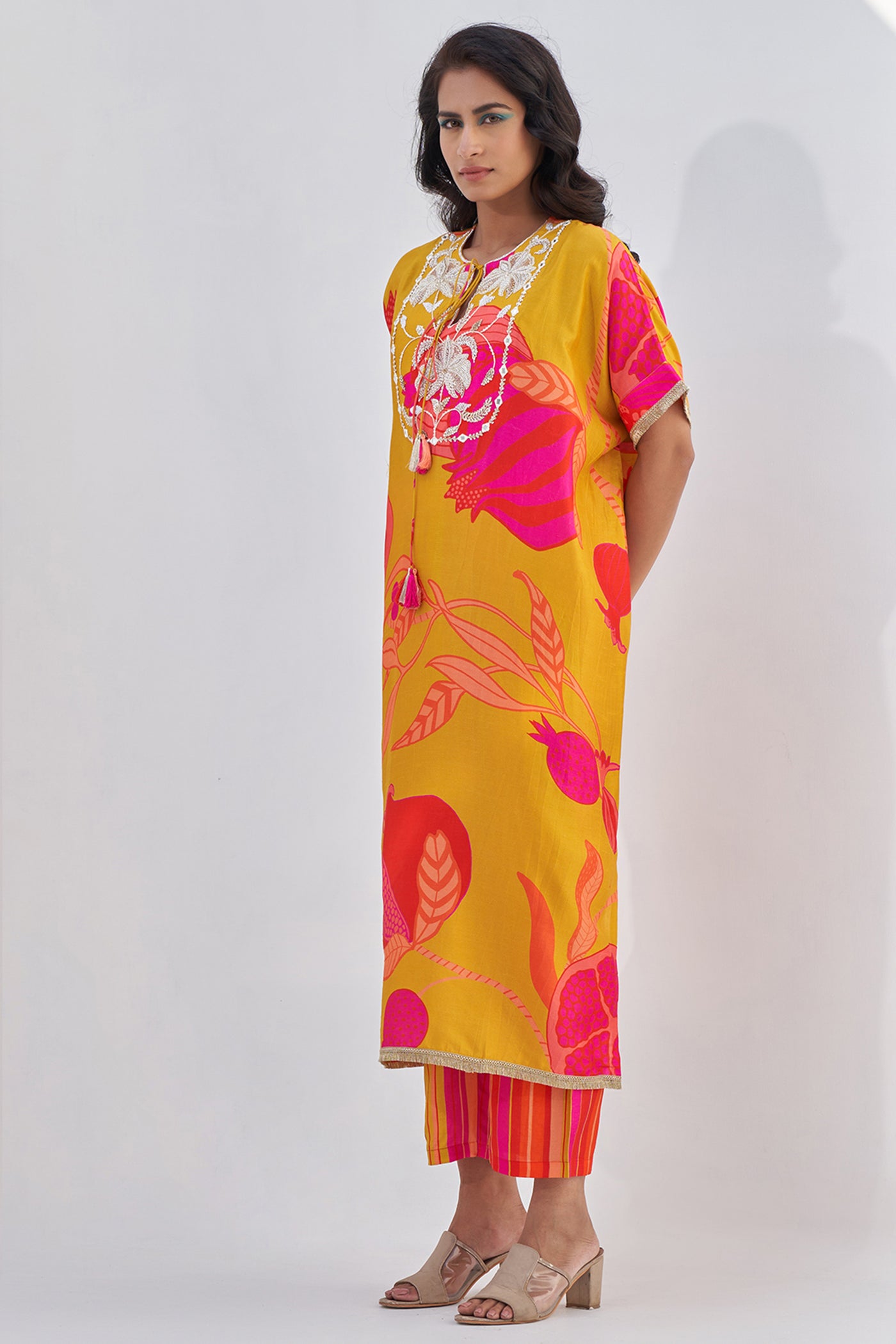 Archana Shah Yellow Pomo Zardozi Yoke Over Size Set indian designer wear online shopping melange singapore