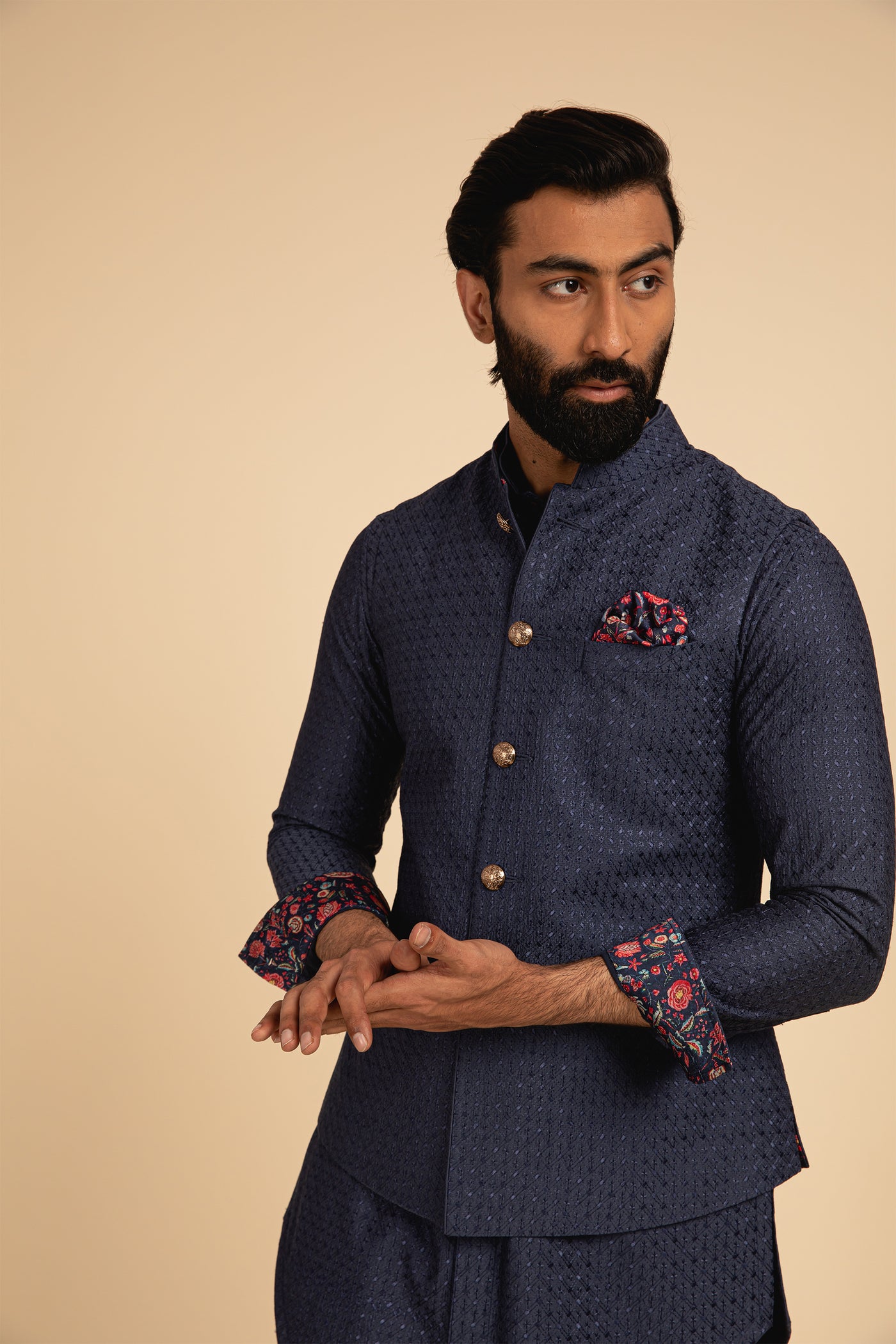 Arjan Dugal All Over Silk Motif Embroidered Nehru Jacket blue festive indian designer menswear online shopping melange singapore