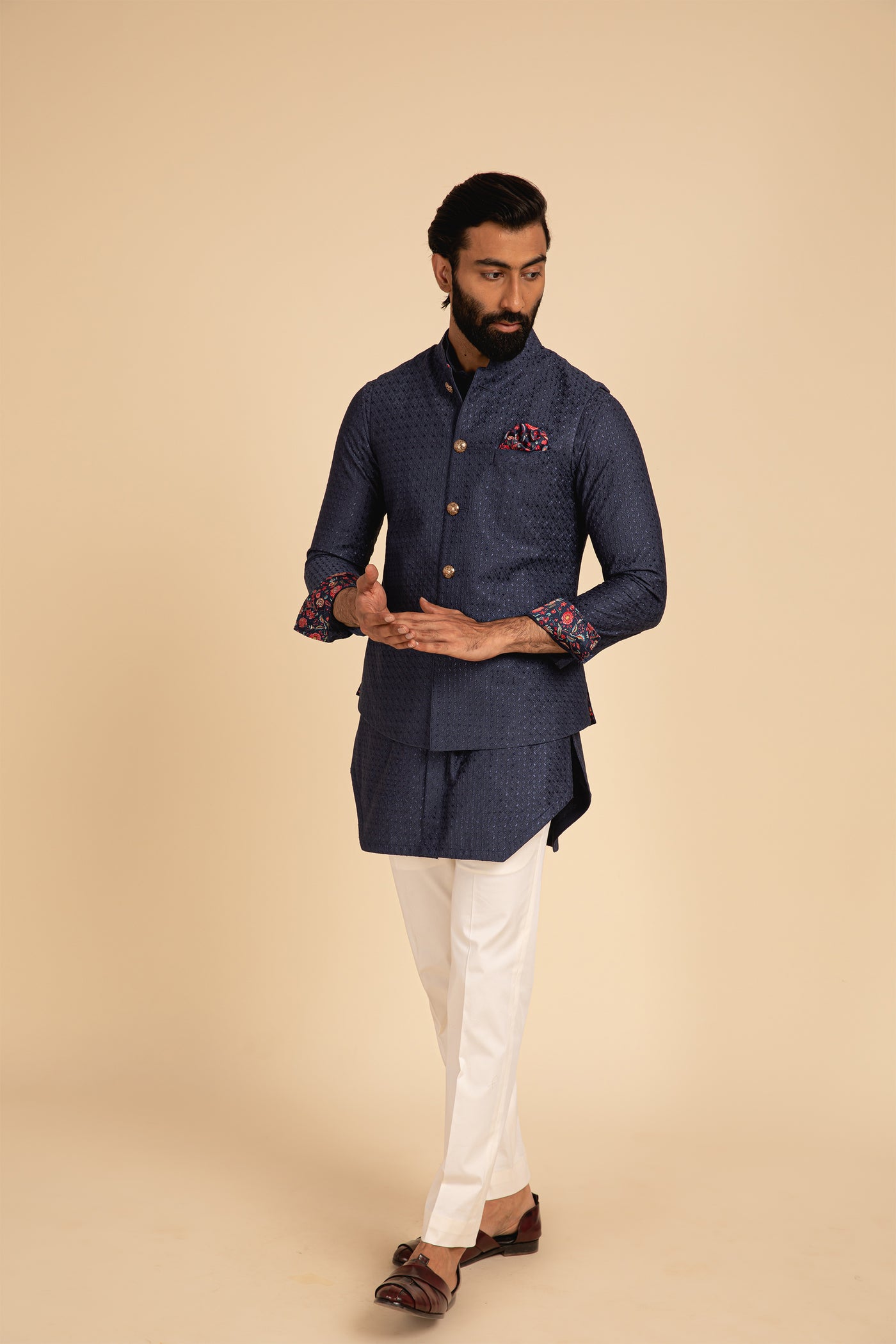 Arjan Dugal All Over Silk Motif Embroidered Nehru Jacket blue festive indian designer menswear online shopping melange singapore