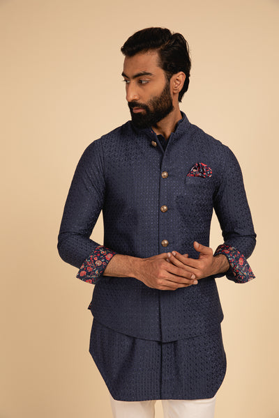 Arjan Dugal All Over Silk Motif Embroidered Nehru Jacket blue festive indian designer menswear online shopping melange singapore