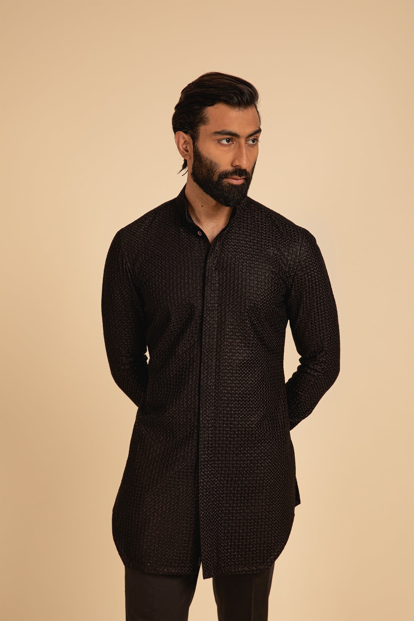 Arjan Dugal All Over Silk Embroidered Front Open Edge Cut Kurta Set Black festive indian designer menswear online shopping melange singapore