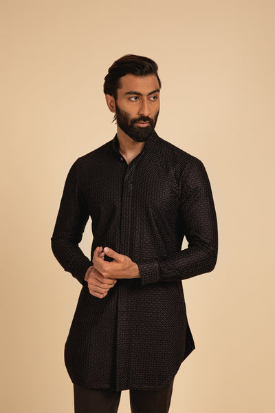 Arjan Dugal All Over Silk Embroidered Front Open Edge Cut Kurta Set Black festive indian designer menswear online shopping melange singapore