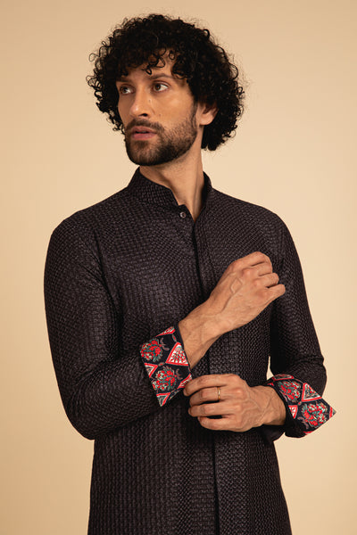 Arjan Dugal All Over Silk Embroidered Front Open Edge Cut Kurta Set Blue festive indian designer wear menswear online shopping melange singapore