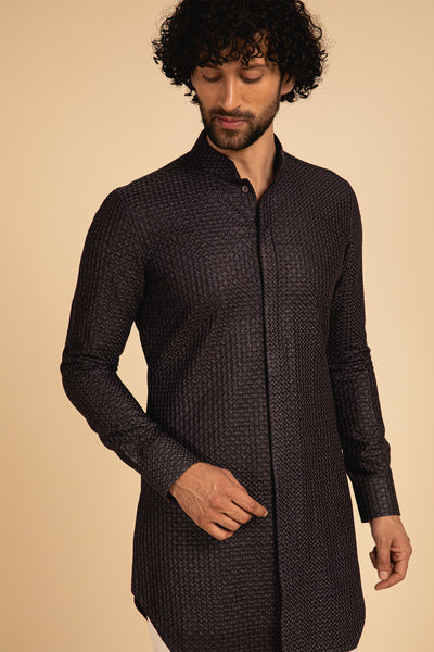 Arjan Dugal All Over Silk Embroidered Front Open Edge Cut Kurta Set Blue festive indian designer wear menswear online shopping melange singapore