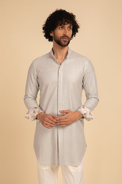 Arjan Dugal Silk Embroidered Front Open Edge Cut Kurta Set grey festive indian designer menswear online shopping melange singapore