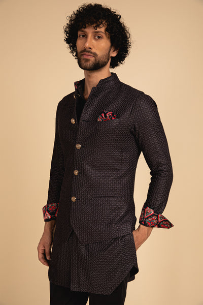 Arjan Dugal All Over Silk Motif Embroidered Waistcoat Blue festive indian designer menswear online shopping melange singapore