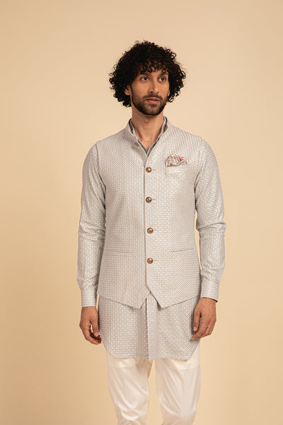 Arjan Dugal Grey Silk Hand Embroidered Waistcoat festive indian designer menswear online shopping melange singapore