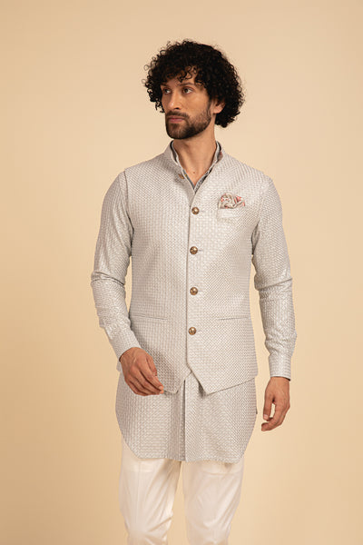 Arjan Dugal Grey Silk Hand Embroidered Waistcoat festive indian designer menswear online shopping melange singapore