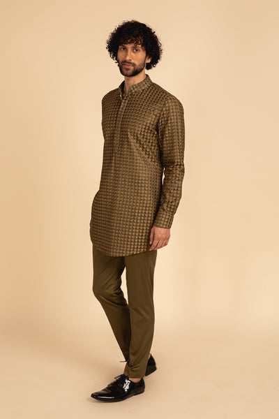 Arjan dugal Arrow Shape Silk Thread Embroidery On Kurta Set Olive festive indian designer menswear online shopping melange singapore