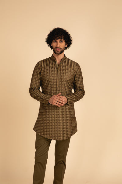 Arjan dugal Arrow Shape Silk Thread Embroidery On Kurta Set Olive festive indian designer menswear online shopping melange singapore