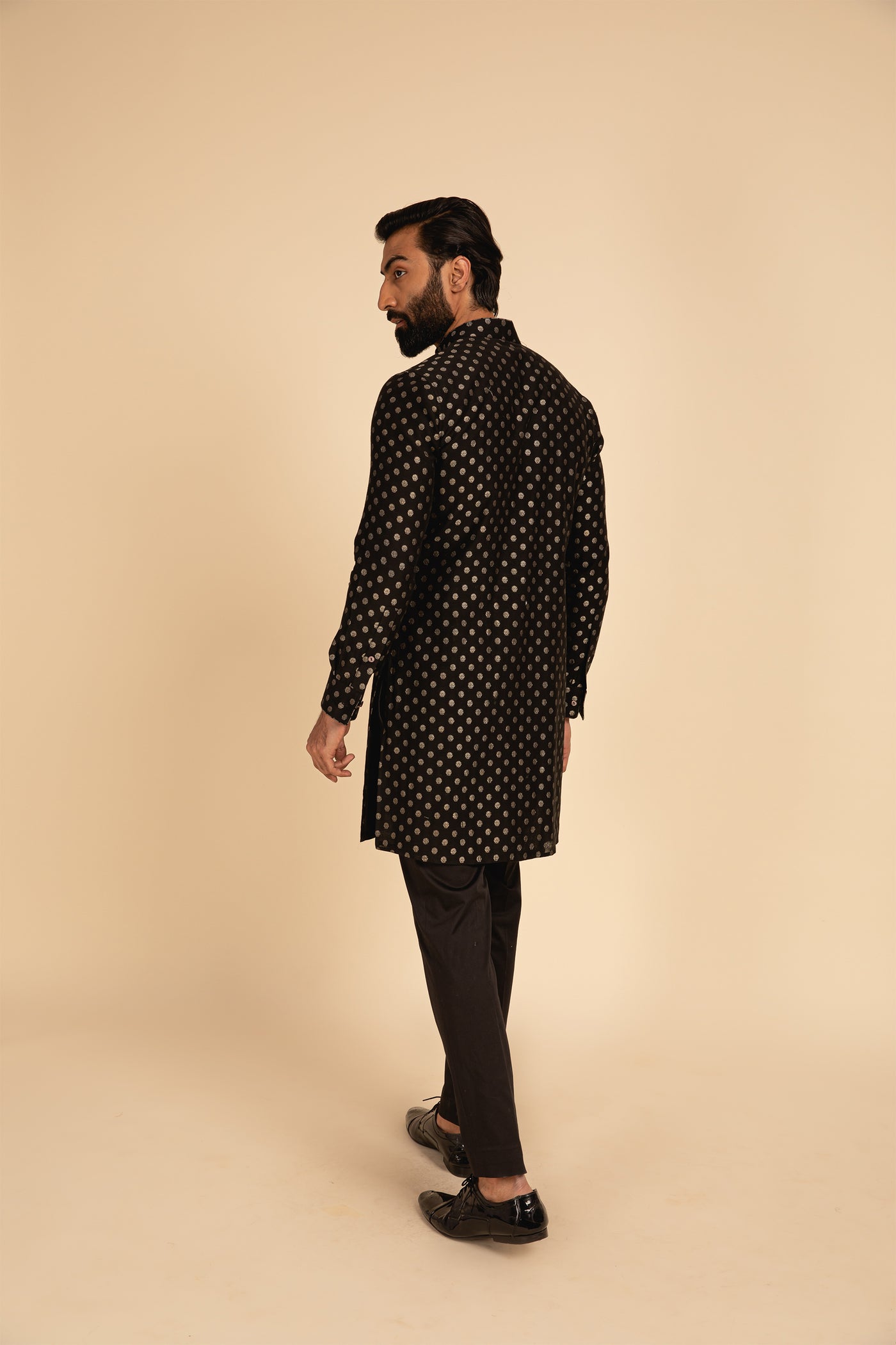 Arjan Dugal Banarasi Silk Kurta Paired With Silk Viscose Churidar black festive indian designer menswear online shopping melange singapore