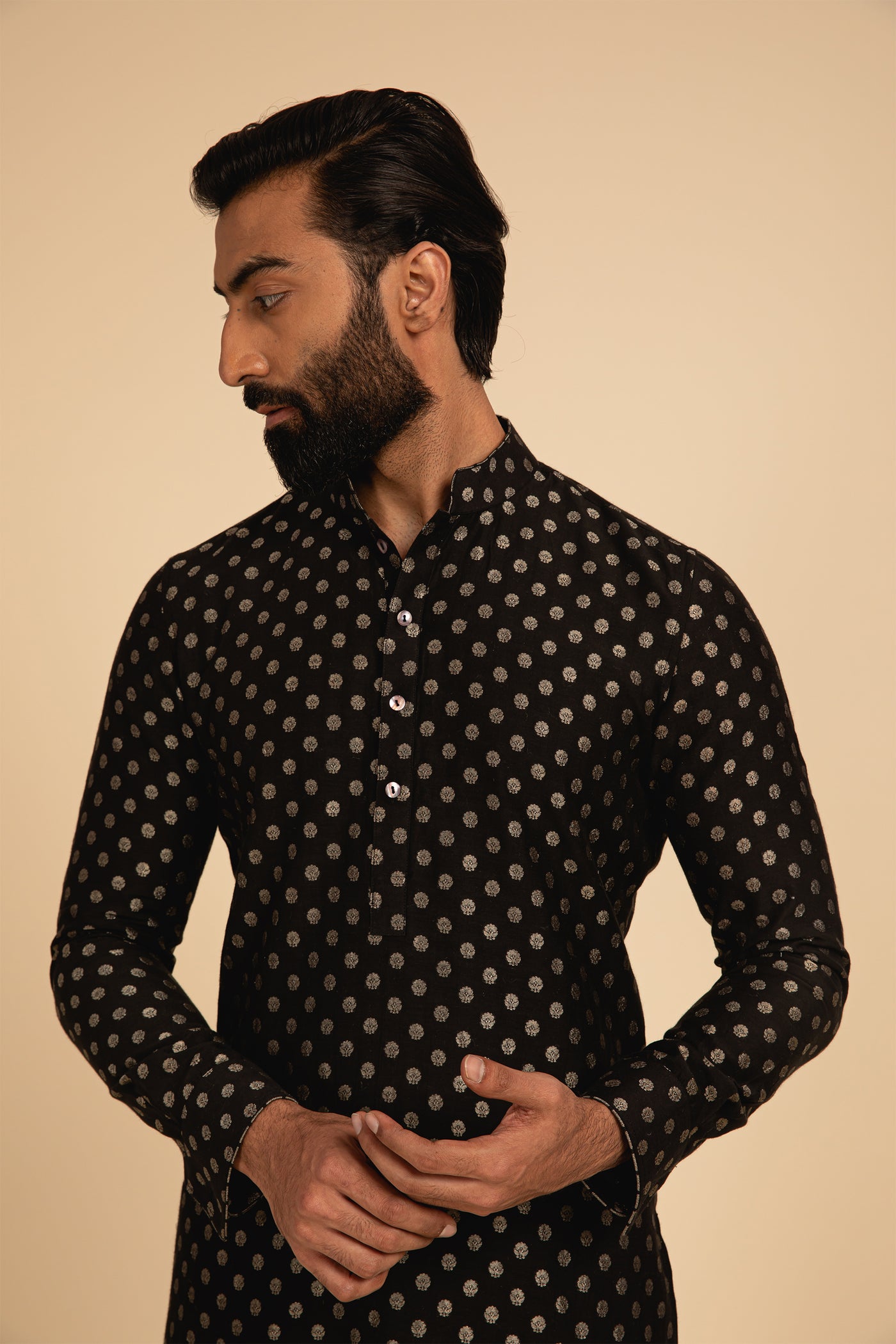 Arjan Dugal Banarasi Silk Kurta Paired With Silk Viscose Churidar black festive indian designer menswear online shopping melange singapore
