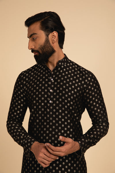Arjan Dugal Banarasi Silk Kurta Paired With Silk Viscose Churidar black festive indian designer menswear online shopping melange singapore