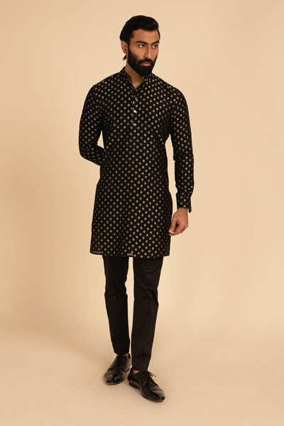 Arjan Dugal Banarasi Silk Kurta Paired With Silk Viscose Churidar black festive indian designer menswear online shopping melange singapore