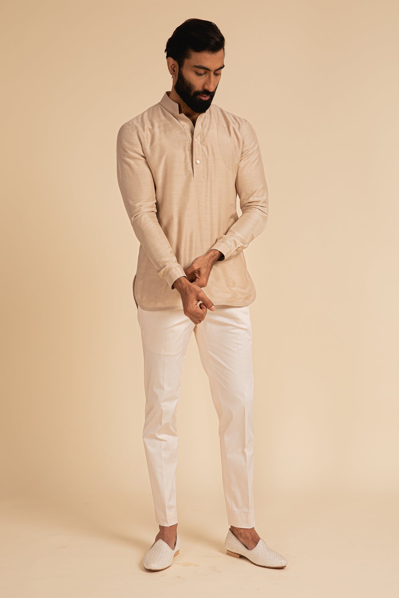 Arjan Dugal Cotton Silk Shirt Kurta With Lounge Pants champagne festive indian menswear online shopping melange singapore