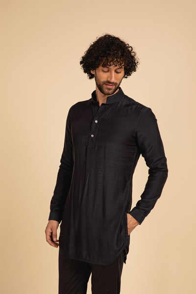 Arjan Dugal Blue Cotton Silk Kurta Shirt With Lounge Pant indian designer menswear online shopping melange singapore