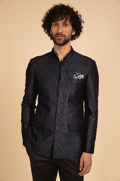 Arjan Dugal Silk Cross Stitch Embroidered Bandhgala blue black festive indian designer menswear online shopping melange singapore