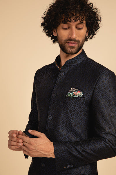 Arjan Dugal Silk Cross Stitch Embroidered Bandhgala blue black festive indian designer menswear online shopping melange singapore