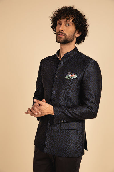 Arjan Dugal Silk Cross Stitch Embroidered Bandhgala blue black festive indian designer menswear online shopping melange singapore