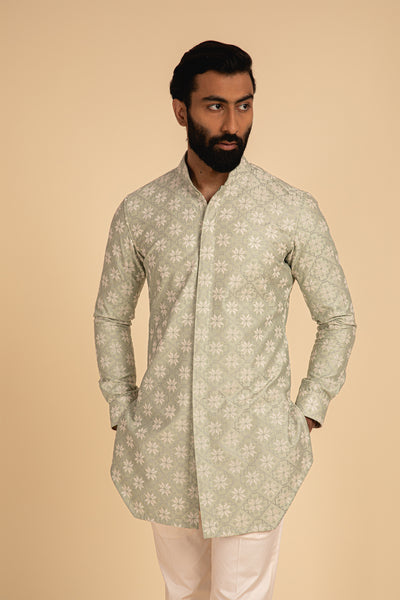 Arjan Dugal Silk Cross Stitch Embroidered Edge Cut Kurta Green festive indian designer menswear online shopping melange singapore