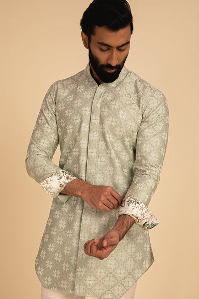 Arjan Dugal Silk Cross Stitch Embroidered Edge Cut Kurta Green festive indian designer menswear online shopping melange singapore