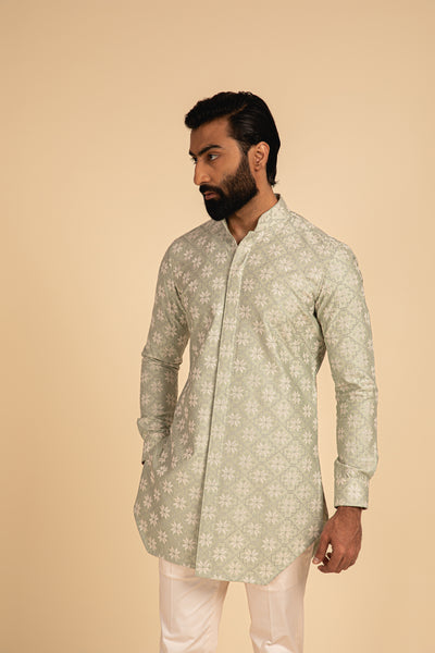 Arjan Dugal Silk Cross Stitch Embroidered Edge Cut Kurta Green festive indian designer menswear online shopping melange singapore