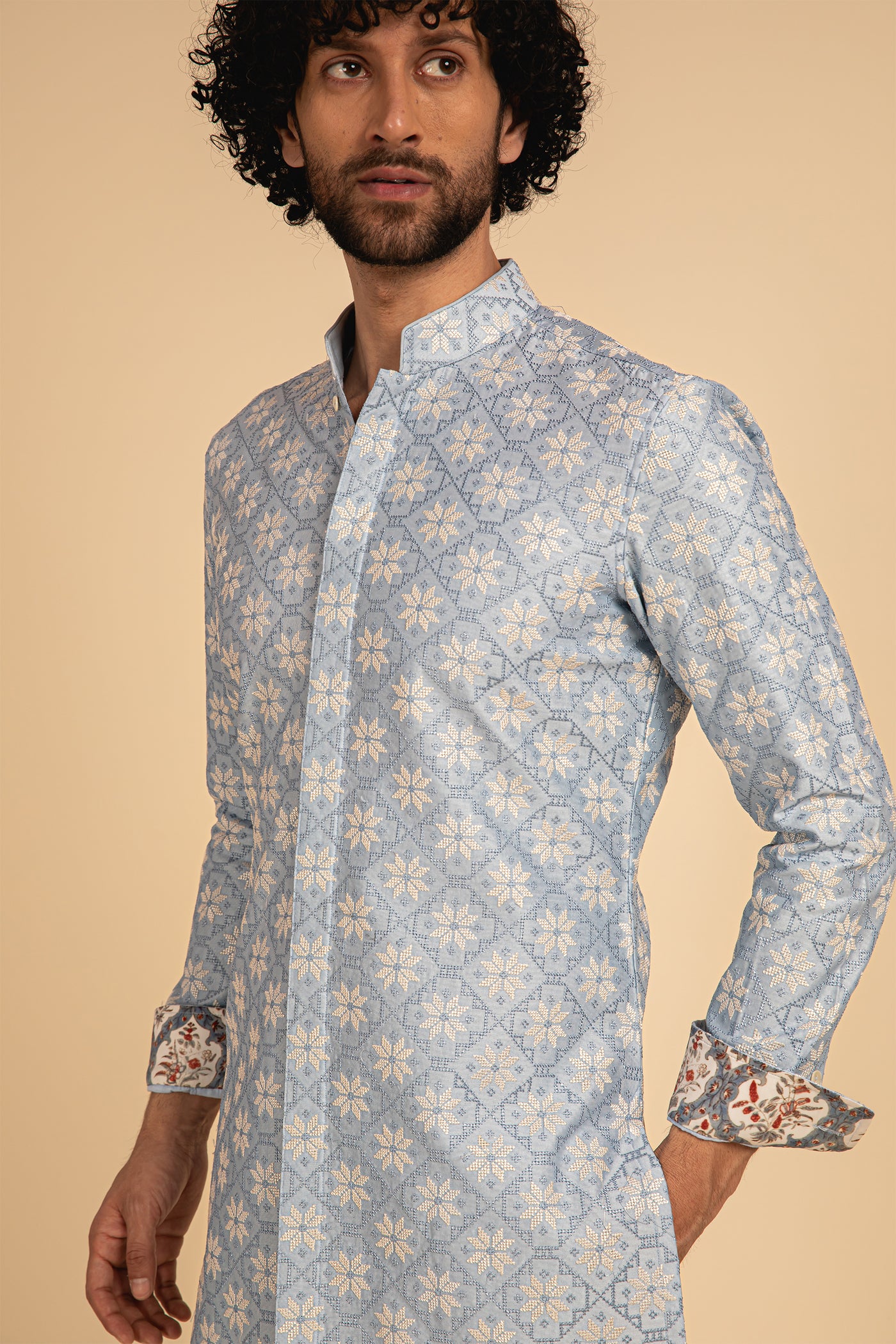 Arjan Dugal Silk Cross Stitch Embroidered Edge Cut Kurta Powder Blue festive indian designer menswear online shopping melange singapore