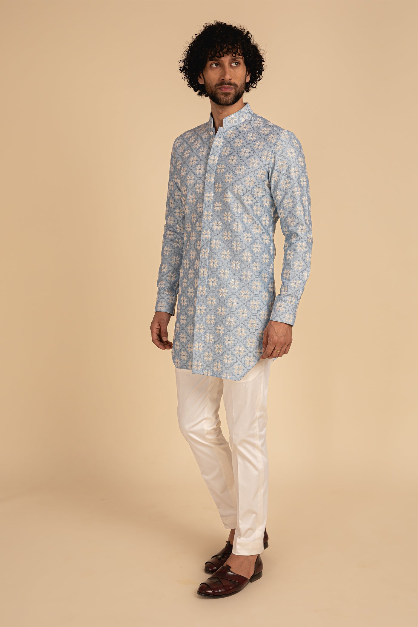 Arjan Dugal Silk Cross Stitch Embroidered Edge Cut Kurta Powder Blue festive indian designer menswear online shopping melange singapore