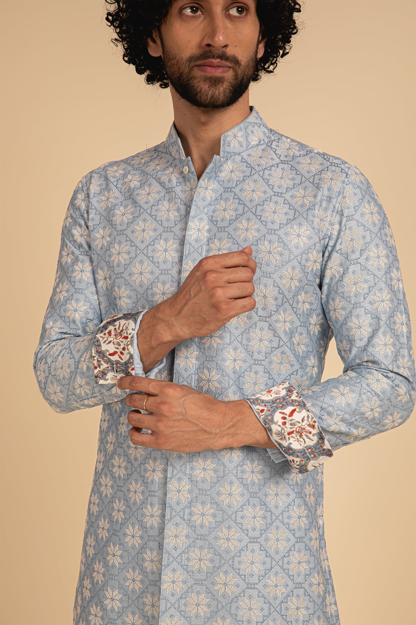 Arjan Dugal Silk Cross Stitch Embroidered Edge Cut Kurta Powder Blue festive indian designer menswear online shopping melange singapore